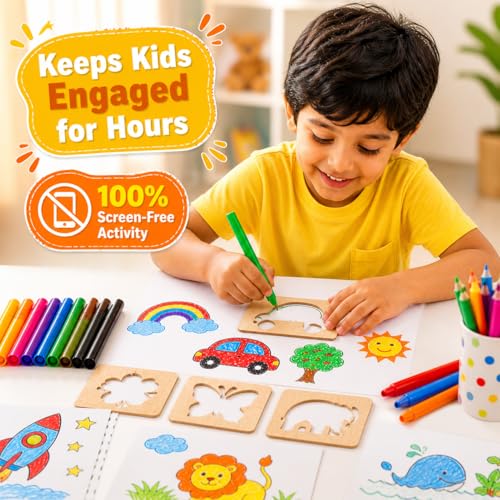 Image of Pandaworld Kids Wooden Painting Stencil kit (20 pcs) with Crayons, Sketch pens and Pencil Colors, Wooden Drawing Craft, Colouring Puzzle kit | Birthday Gift for Boys & Girls Age 3 4 5 6+ Years