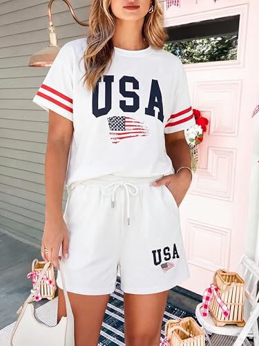 Image of VILOVE 4th of July 2 Piece Sequin Outfits Women Star Stripe Shirts and Short Sets Casual Patriotic Shirt Summer Set