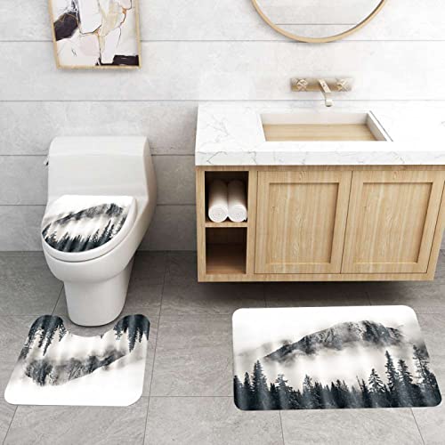 3-teilig Badematten Set, 3D Digitaldruck Landschaft Badteppich Sets rutschfest Badvorleger Grau Waschbar U-Förmiger…