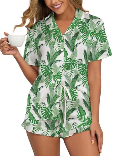 Image of Veseacky Women Satin Pajamas Set 2 Piece Button Down Short Sleeve Soft Sleepwear with Pockets