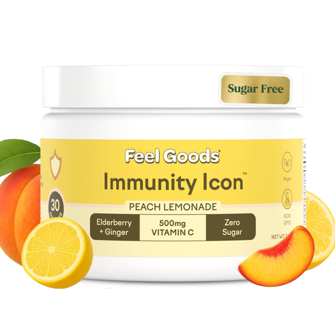 Feel Goods Immunity Icon, Zero Sugar, Vitamin C, A, B, D, E & Zinc, Organic Elderberry, Ashwagandha, Drink Mix Powder, Vegan, Non GMO, Caffeine & Gluten Free | Peach Lemonade, 30 Servings
