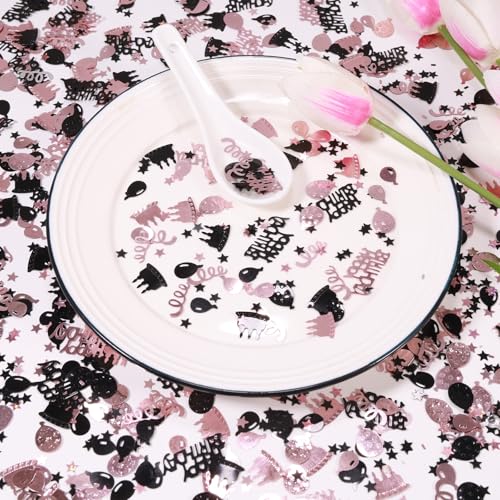 Image of Rose Gold and Black Happy Birthday Confetti, 3000 Pcs Birthday Cake Table Metallic Foil Confetti Party Table Decor for Party, Baby Shower, DIY Arts and Crafting