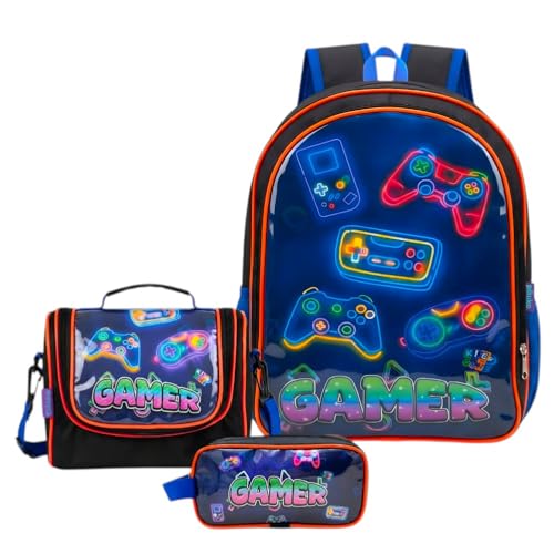 Kit Mochila Costas Escolar Infantil Passeio Gamer Grande Menino+ Lancheira Transversal + Estojo Duplo