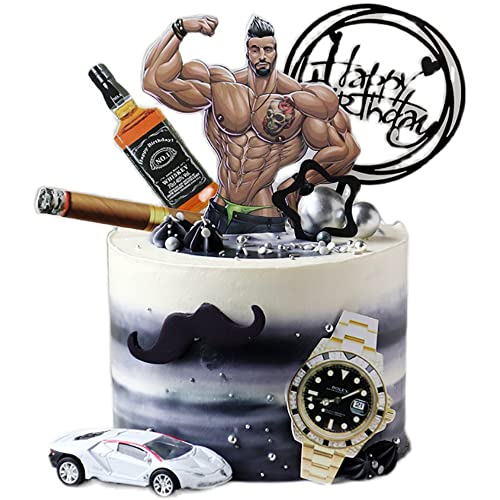 Set de decoración para tartas de cumpleaños para hombres, que incluye elementos como un reloj de oro, whisky y un coche deportivo, ideal para decorar la tarta de cumpleaños de tu padre