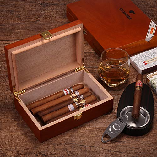 Woodronic Handmade Humidor Cigar Box Spanish Cedar Lining for 6 to 10 Counts, Desktop Cigar Case Gift Set with Humidifier, Mahogany Finish with Inlay