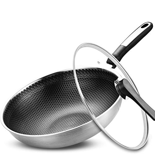 12 Inches Stainless Steel Wok Non-Stick Double Honeycomb Stainless Steel Wok Non-Stick Hand and Scratch-Resistant Cooking Pans Compatible with Induction Cooker