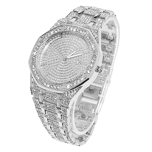 HALUKAKAH Montre Iced Out Plaqué Or 18k/Platine avec Cadran Octogonal, Bracelet Quartz 22cm, Chaîne de Tennis Collier et Bracelet Options, Boîte Cadeau