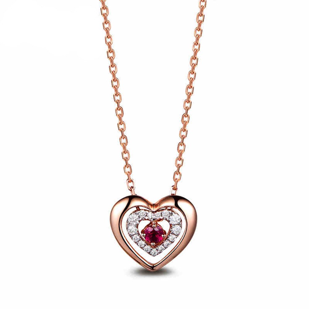 Ruby Solid 14k Rose Gold Diamond Heart Shape Pendant Women 925 Sterling Silver Necklace Chain Halo
