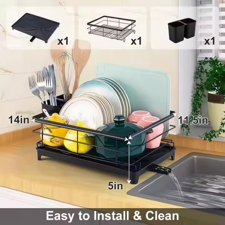 Image of HAKKU Black Dish Drainer Rack with Drip Tray, Stainless Steel Draining Dish Rack Drainer with Draining Board and Utensils Holder (Modern Black Rack)