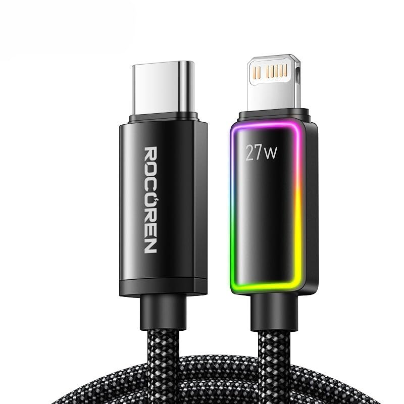 Rocoren 27W Type-C to Lightning RGB Aydınlatmalı Örgülü Şarj ve Data Kablosu 1 Metre