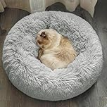 DONWEI Calming Dog Cat Donut Bed, Washable Dog Cat Bed, Small Medium Cat Beds for Indoor Cats, Fluffy Anti Anxiety Puppy Kitten Beds with Non-lip Bottom, Light Grey, 50x50cm
