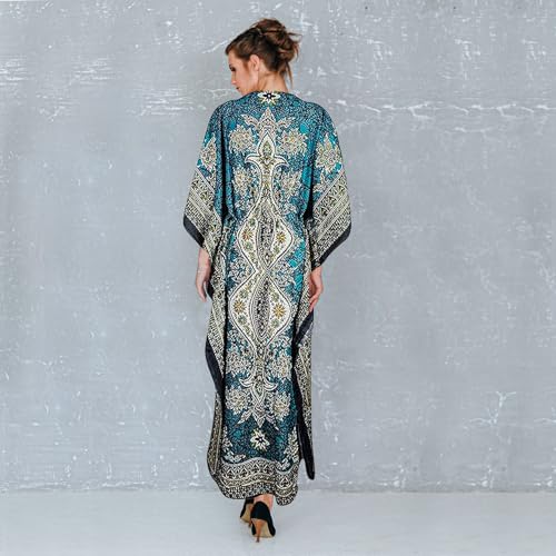 Teal Blue Long Kaftan Dress for Women – Elegant Kimono Gown – Loose Fit Plus Size Beach Cover Up – Stylish Evening & Vacation Lounge Dress3