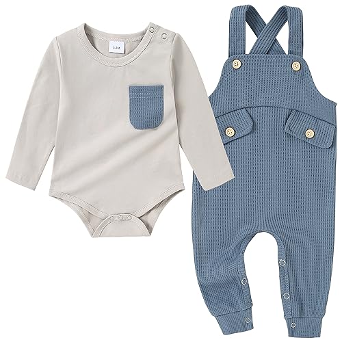 CARETOO Newborn Baby Boy Clothes Infant Boy Romper Fall Winter Outfits Bodysuit 2Pcs Striped Long Sleeve Top Overalls 0-18M