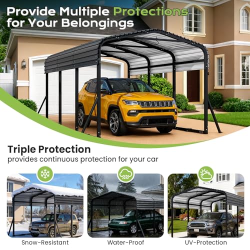 Image of Jocoevol 10x15FT Metal Carport, Heavy Duty Car Garage w /Reinforced Support Rods and Windproof Ground Anchors, All-Weather Multi-Use Outdoor Shelter for Car, Boats and Truck