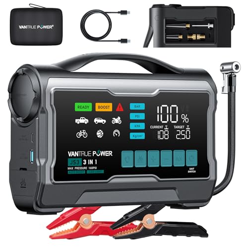 VANTRUE POWER JS3 Real 3250A Jump Starter with Air Compressor 160PSI, 12V Car Battery Booster with 9" Large Display, Jump Box with Light, 65W Fast Charging Power Bank, 8.0L Gas/3.8L Diesel Engines