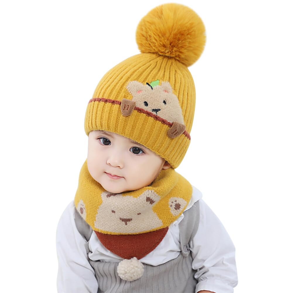 Winter Cute Knit Hat and Scarf Set Beanie Hat Baby Toddler Thick Scarf Earflap Hood Scarves Skull Caps Hood Fleece Hat