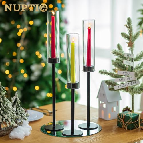 Nuptio Black Candlestick Holders For Centerpiece: 6 Pcs 23.6 & 21.7 & 19.7 In Tall Hurricane Taper Candleholder With Glass Cylinder Chimney Windproof Metal Candle Stick Holder For Fireplace Decor thumb #1