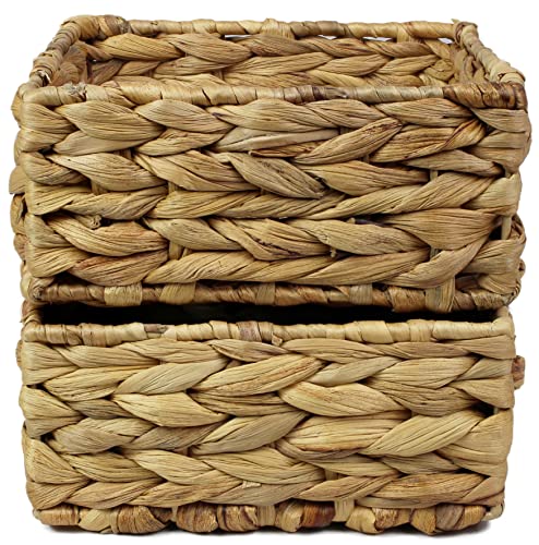 Small Square Water Hyacinth Storage Basket - Natural Wicker Shelf Organiser for Bathroom Makeup & Jewellery (Medium 18cm, 2 x Basket) - Image 2