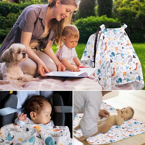 Image of Metplus Car Seat Cover Baby boy, 100% Muslin Cotton Infant Carseat Covers, Lightweight Breathable Car Seat Canopy, Summer Stroller Sun Shade, Newborn Travel Essentials(Dinosaur Party)