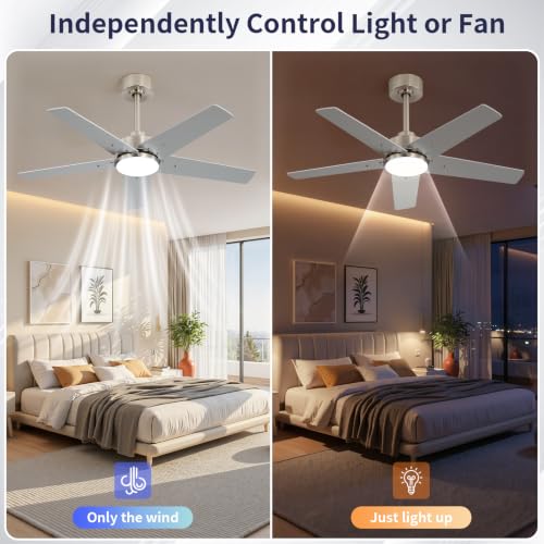 Image of 42 Inch Ceiling Fans with Lights and Remote, Bedroom Living Room Kitchen Home Office Indoor /Outdoor, 6CCT Dimmable, Dual Color 5 Blades, 6 Speed Reversible Quiet DC Motor, Sand-nickel /Wood Grain