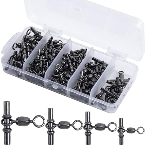 UNYLE 60 pcs Sleeve Swivels Fishing Cross Line Swivels, 3 Way Swivels T Shape Crimp Swivels for Rigs, Fishing Tackle with Rolling Barrel and Double Barrel Swivels 3 Way T-Turn Swivel Cover