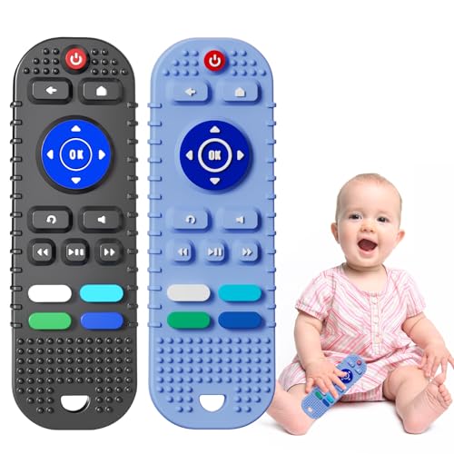 Image of Mgtfbg 2 Pack Soft Silicone Teething Toys for Toddlers, Babies 6-12 Months - Boys Girls Baby Molar Teether Chew Toys Set, Remote Control Shape Teething Toys Gift（Blue+Black）