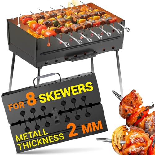 Charcoal Grill for 8 Skewers - Portable Barbecue 16.911.823.6 Kabob Camp Grills - Foldable Metal Mangal - Kebab Shish - BBQ for EDC Picnic Outdoor Cooking Camping Hiking (Skewers Not Included)