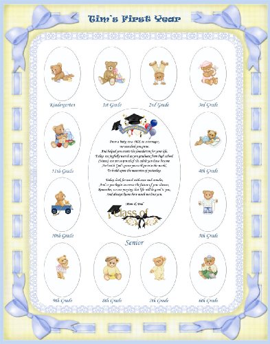 11 X 14 Size Personalized Blue Baby Boy Name Yellow Ribbon Border My School Years Picture Photo Mat with Teddy Bear Illustration and Poem Verse As Baby Shower, Birthday or Nursery Newborn Gift