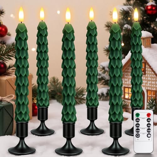 YAUNGEL 6 Pcs Christmas Tree Candles with Metal Candle Holder, Real Wax Christmas Tree Candles with Remote Timer, Flameless Tree Candlesticks Battery Operated Flickering Flame for New Year Xmas Decor