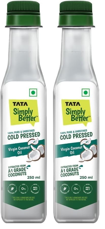 Image of Tata Simply Better Pure & Unrefined Cold Pressed Virgin Coconut Oil,Naturally Cholesterol Free,250 Ml,Rich Aroma & Flavour of Real Coconuts,for Daily Cooking with Multipurpose Usage,A1 Grade Coconuts