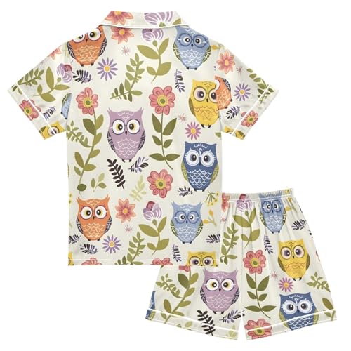 ALAZA Owl Bird Flower Pajamas Satin Pajama Set Short Sleeve Button Down Sleepwear2