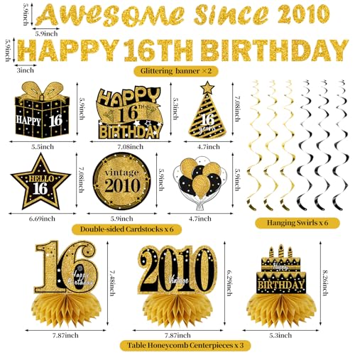 Image of Kuxriox 11Pcs 16th Birthday Decorations Kit for Boys Girls, Black Gold Happy 16th Birthday Banner, Awesome Since 2010 Centerpieces Swirls Party Supplies, 16 Bday Banner Ceiling Table Topper Sign