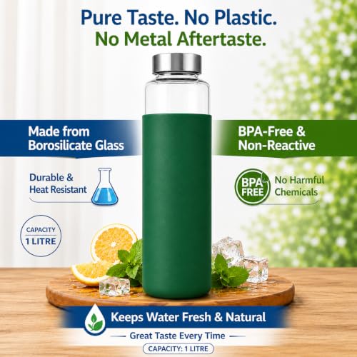 Image of Borosilicate Glass Water Bottle with Silicone Cover | 1 Litre 1000ml | Thermal Shock Resistant | Leakproof Steel Cap | BPA Free | Home Office Gym Fridge