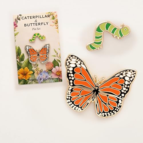 Image of Butterfly & Caterpillar Enamel 2 Piece Pin Gift Set - Cute Nature-Themed Pins for Jackets, Bags, and Accessories - Colorful Collector Pins & Botanical Gift Ideas