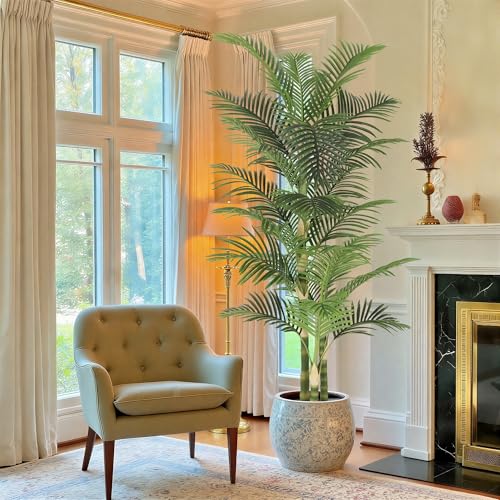 Image of Nafresh 7ft Ultra-Full UV Resistant Fake Golden Cane Palm Tree with Triple Trunks, 84in Tall Artificial Palm Tree Indoor Outdoor, Faux Palm Plant for Living Room Home Office Patio Garden Decor