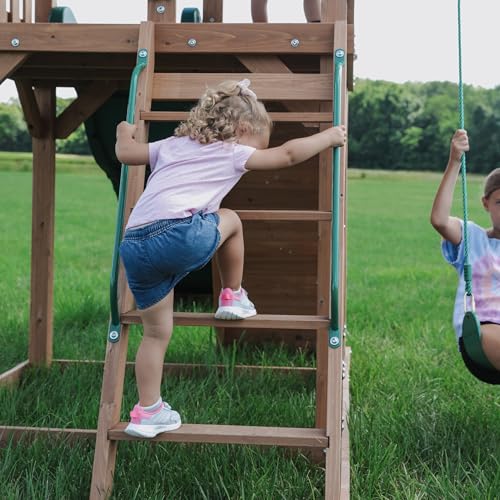 Backyard Discovery Lightning Ridge Cedar Wood Swing Set with Wave Slide, Play Deck, Rock Wall, Sandbox, Belt Swings, Toy Telescope, Steering Wheel, Step Ladder, Outdoor Playset - image 6