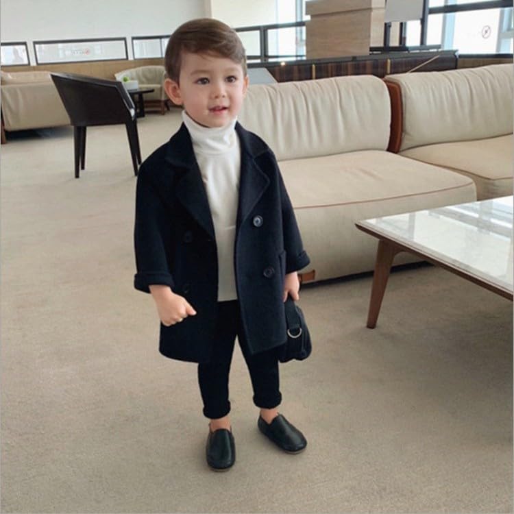 Kids and Boys Girls Warm Medium Long Woolen Coat Lapel Tweed Jacket for 2 to 6 Years2