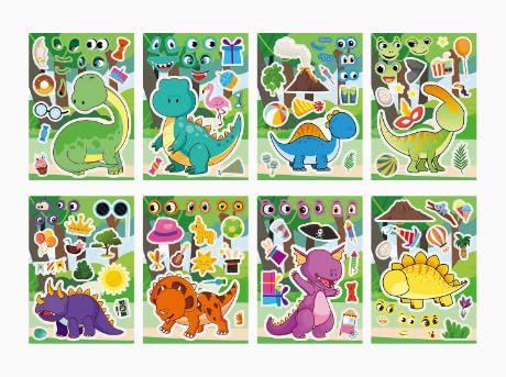 24 Sheets Make Your Own Stickers, Make a Face DIY Stickers for Kids, Fun Craft Activities, Perfect for Birthday Party Supplies, Gifts and Rewards (Dinosaur)