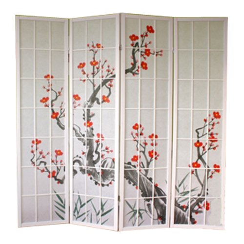 PEGANE Paravent Japonais Fleur de Cerisier en Bois Blanc de 4 pans, L176 x H175 x P2 cm