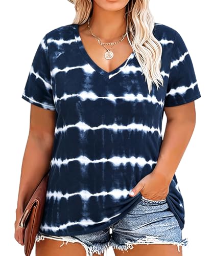 Image of RITERA Women Plus Size Tops Tie Dye V Neck Shirt Floral Camo Summer Short Sleeve Tunic Oversized Ladies Blouse XL-5XL