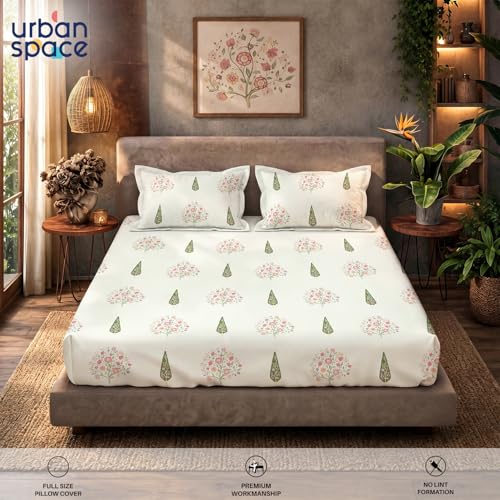 Image of Urban Space Serene 100% Cotton Bedsheet for Double Bed, Floral Queen Size Bed Sheet with 2 Pillow Covers (88 x 100 Inches, Kings Bloom)