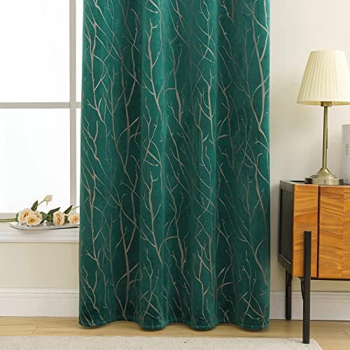 EMEMA Dark Green Velvet Curtains Branch Pattern 54 Inch drop Curtain Pair Eyelet Room Drapes for Living Room Kids Bedroom Nursery 46" W x 54" L 117x137 cm 2 Panels
