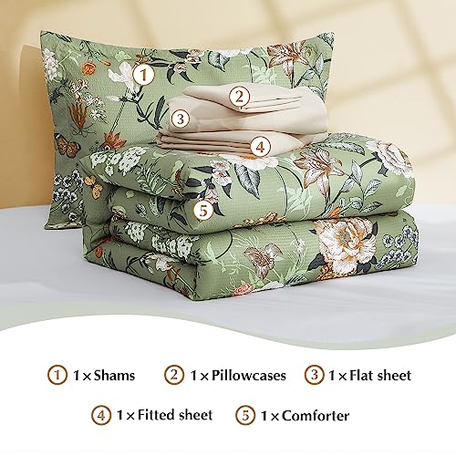 CASAAGUSTO Twin Comforter Set - 5 Pieces Green Floral Bedding Sets, Twin Bed in a Bag with Botanical Butterfly Comforter, Sheets, Pillowcases & Shams for All Seasons