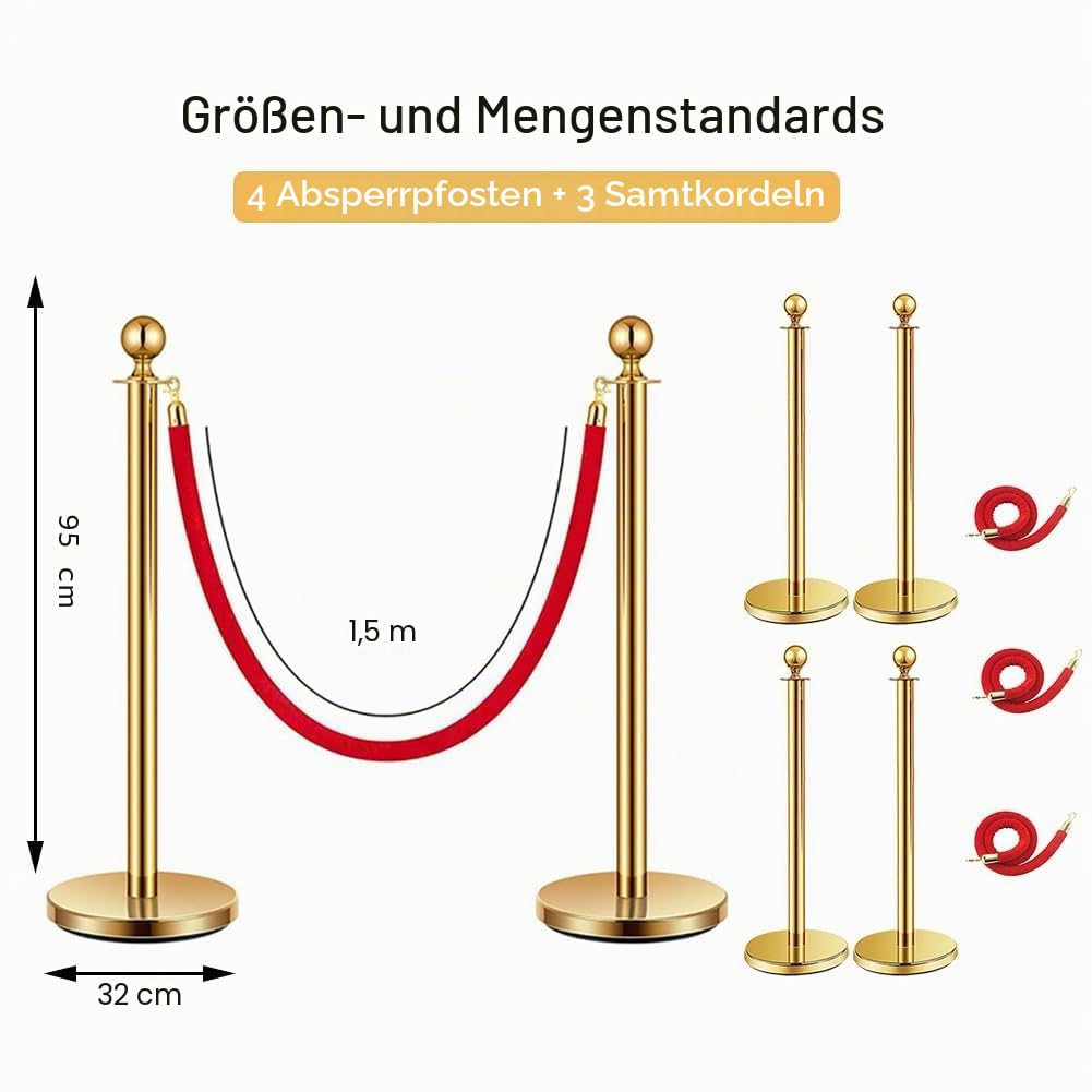 Premium Absperrstab mit Seil - Robuster Crowd Control Bandstab für Warteschlangen, Events & Ladenmanagement, Set mit 5 ft/1.5 m rotem Samt Seil (6)