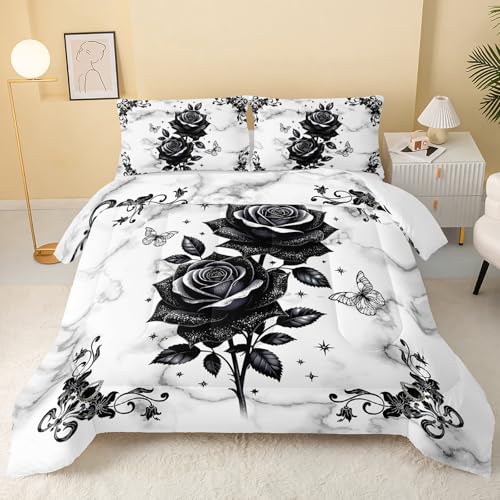 Image of QOOMO Black Flowers Bedding Set, Queen Size