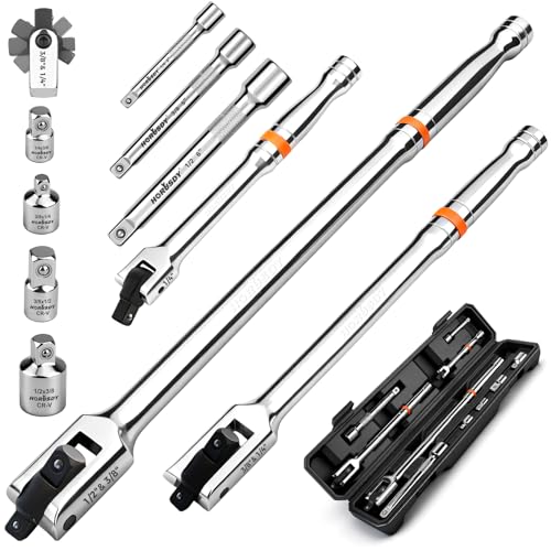 HORUSDY 10-Piece Dual-Drive Breaker Bar Set Heavy-Duty Torque Kit with 360 Rotatable Head Premium Cr-V Steel Spring-loaded Detent Ball Extension Bars & Socket Adapters Durable Storage Case