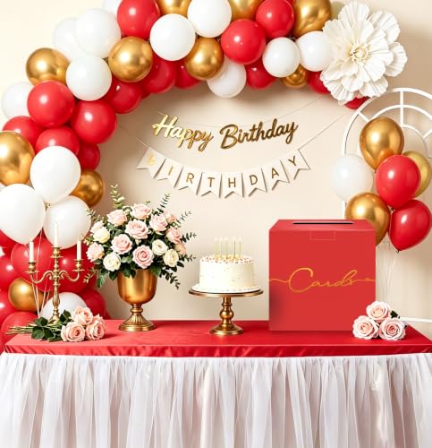 Image of HEIPINIUYE Red Wedding Card Box with Gold Foil 9.8 inch x 9.8 inch Red Large Gift Card Box for Party Wedding Reception Graduation Birthday Baby Shower Cardboard Raffle Envelope Box with Slot