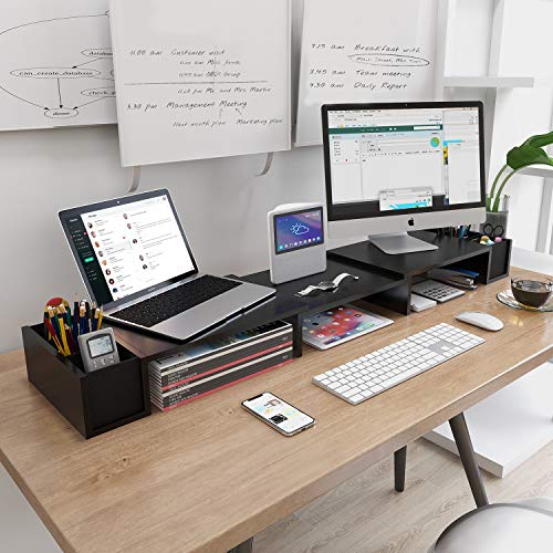 LORYERGO Dual Monitor Stand Riser - 3 Shelf Screen Laptop Stand with Storage Accessories Slots, Length and Angle Adjustable Desktop Stand Storage Organizer for Computer, Laptop