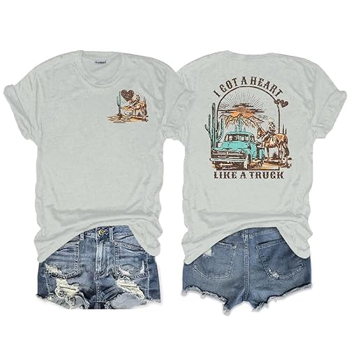Werbavi I Got A Heart Like A Truck T Shirt Women Country Music Shirts Nashville Concert Western Cowgirl Vintage Graphic Tee Cotton Rodeo Outfit Sunset Tops(Light Gray,XL)