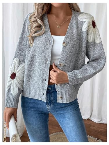 Image of SHENHE Women's Flora V Neck Button Down Cardigan Drop Shoulder Elegant Flower Sweater Outerwear
